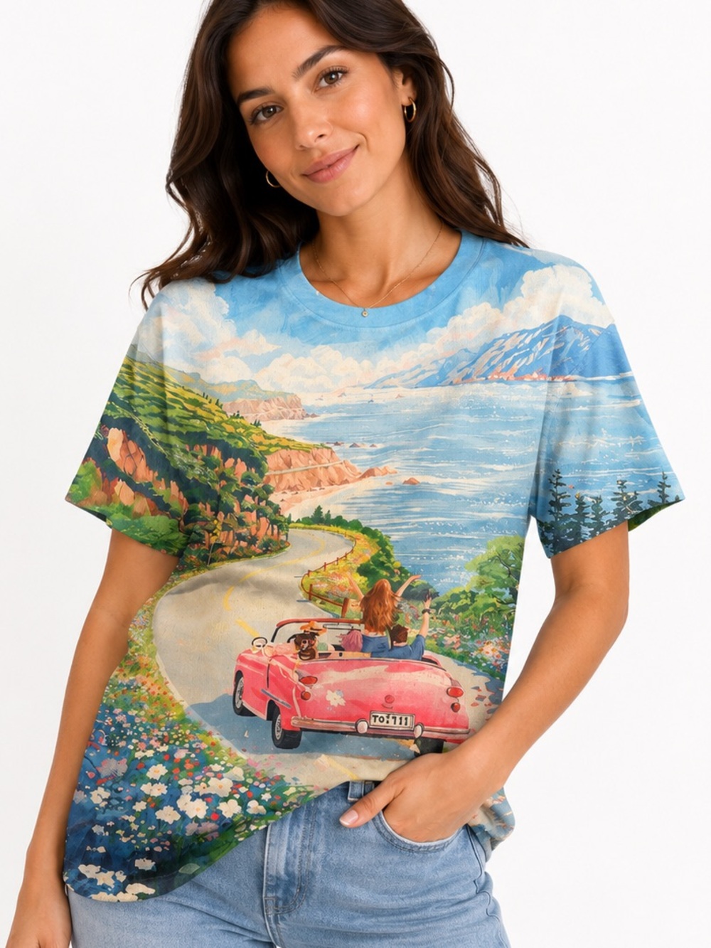 78j.New Knitted Coastal Roadtrip Graphic  - Blue & Pink sweater